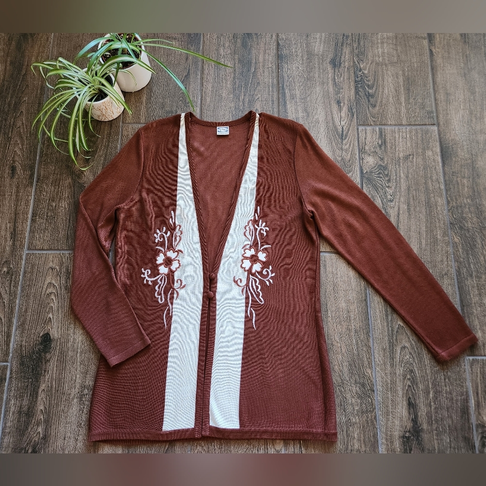Vintage knit floral full length color block cardigan